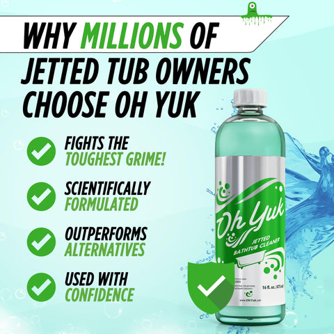 Oh Yuk jetted tub cleaner in action with jets running, refreshing water.
