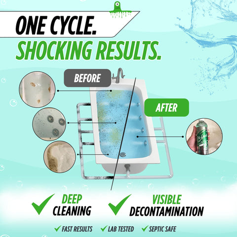 Oh Yuk jetted tub cleaner pour action demonstrates easy, fast treatment.