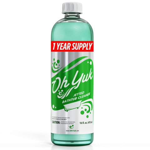 Oh Yuk jetted tub cleaner pour bottle to start deep clean.