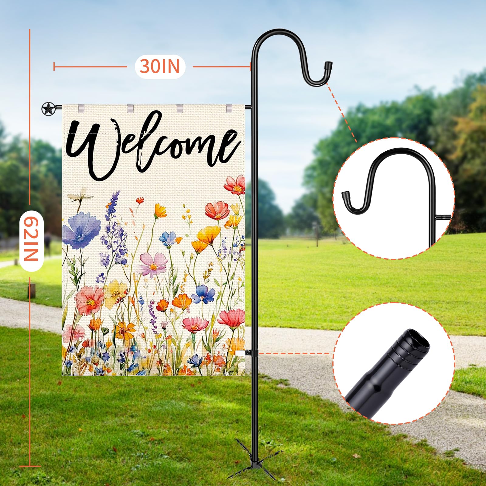 OHCISP garden flag stand with 62-inch shepherd hook for elevated outdoor decor.