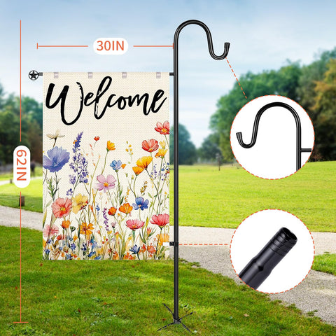 OHCISP garden flag stand with 62-inch shepherd hook for elevated outdoor decor.