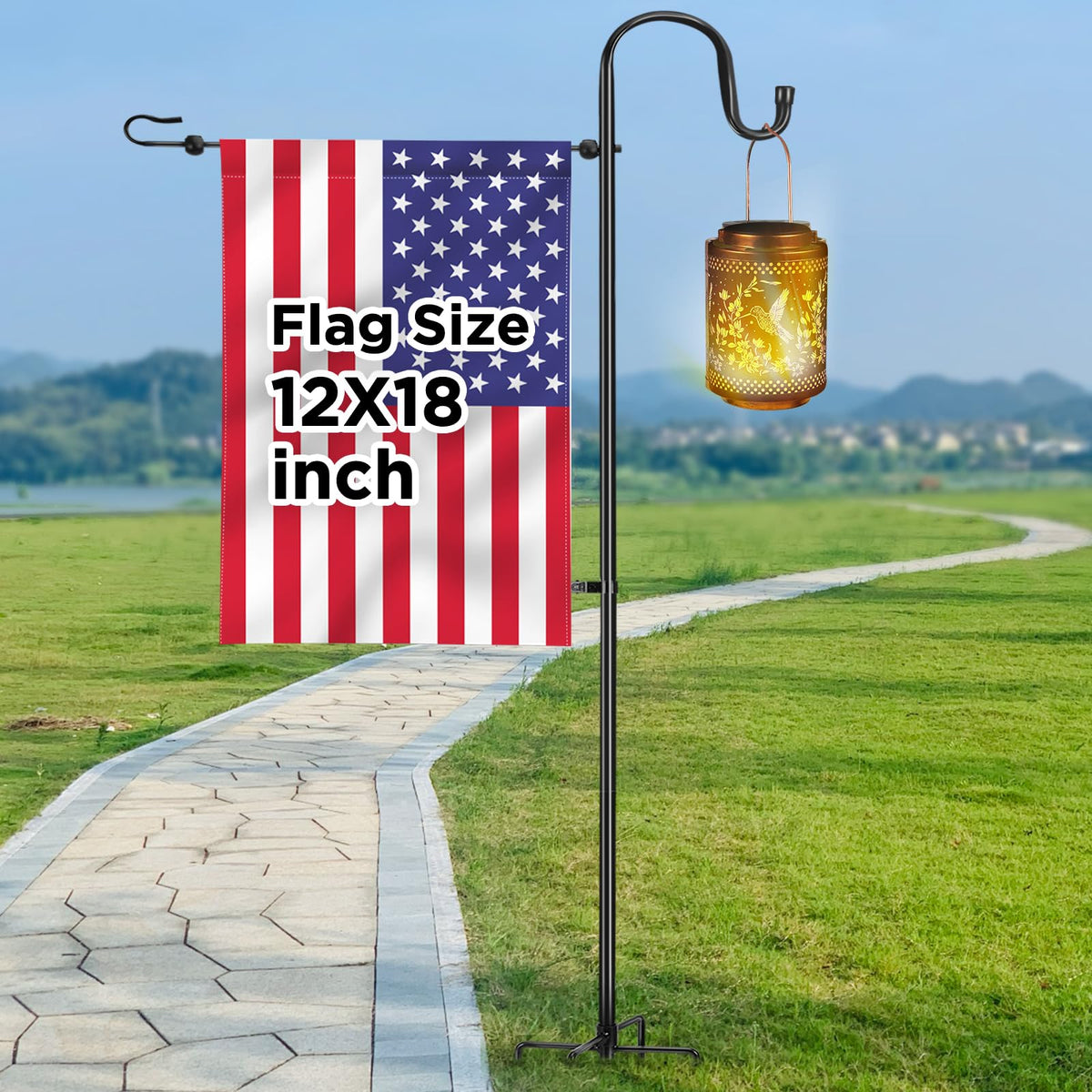 OHCISP garden flag stand assembled outdoors with 12x18 flag