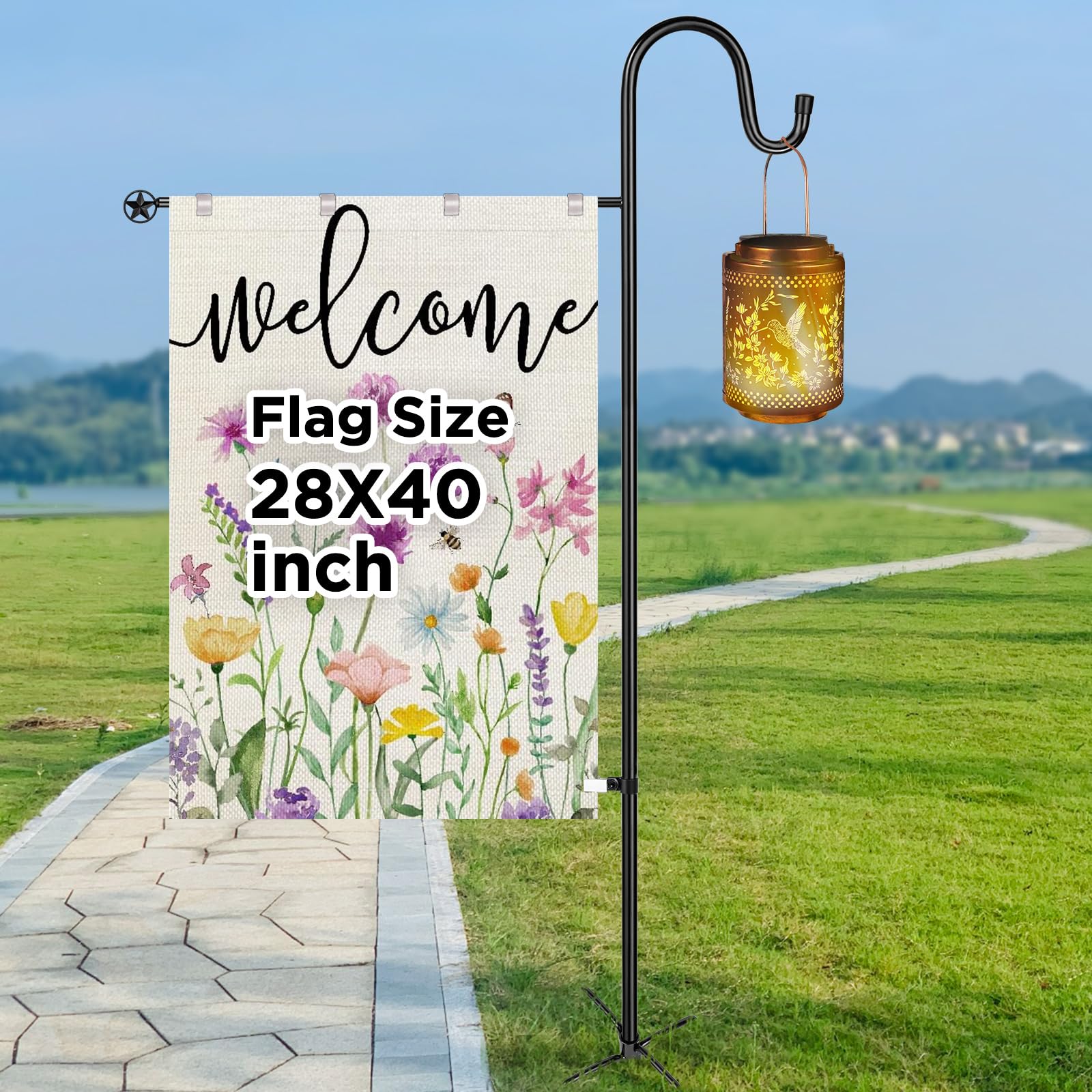 OHCISP garden flag stand in an outdoor setting for seasonal flags.