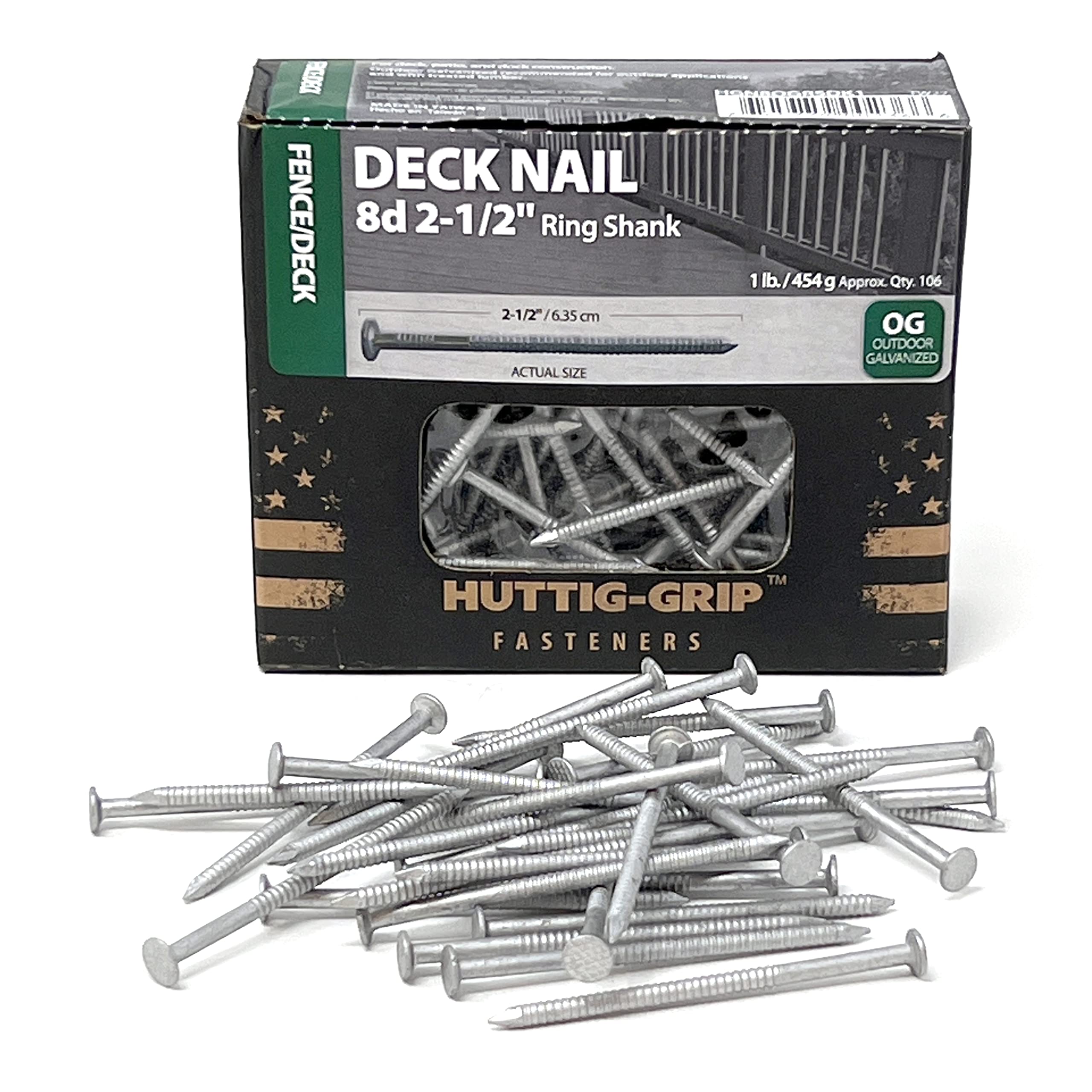 OHIY Huttig-Grip deck nails with diamond point for smooth wood penetration.