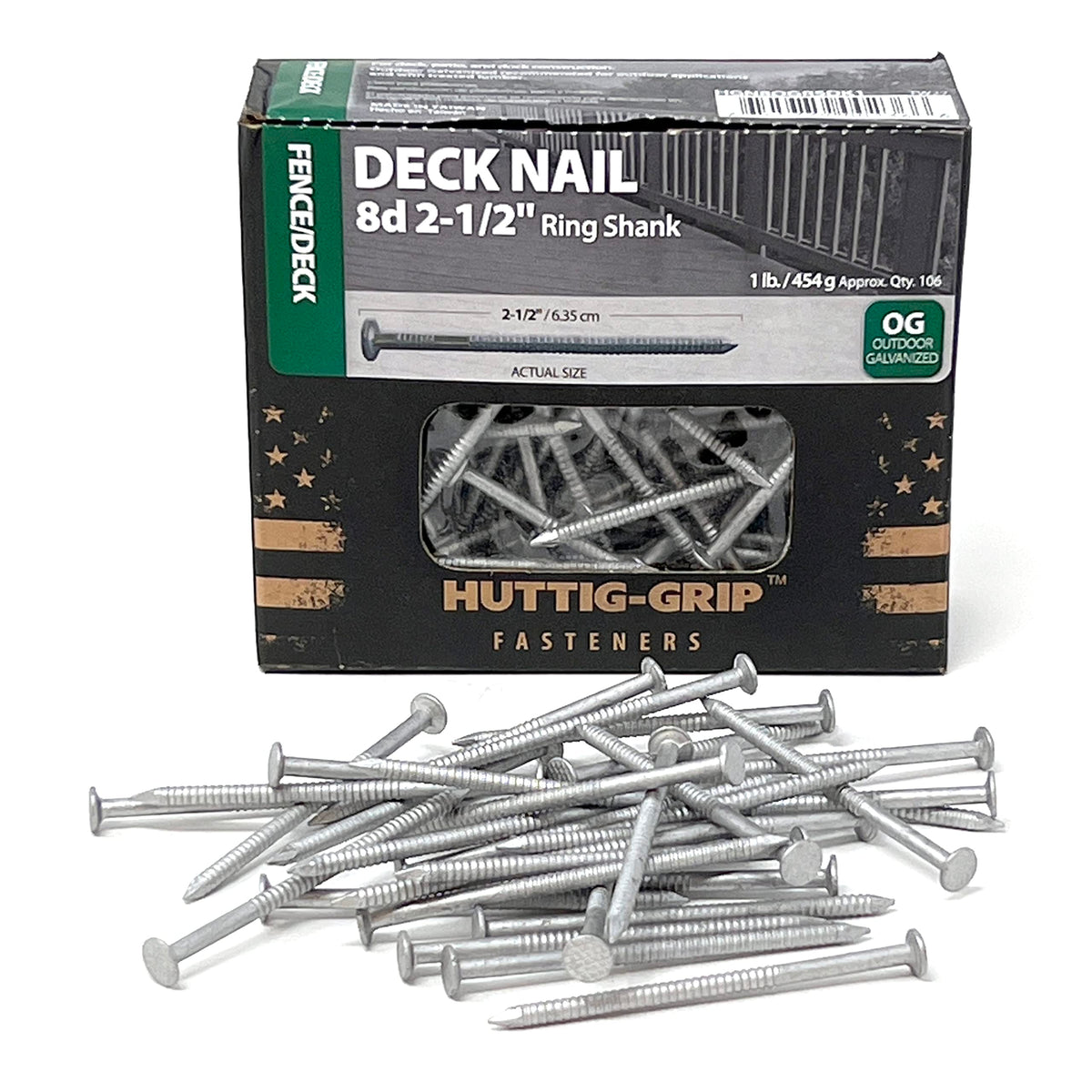 OHIY Huttig-Grip deck nails with diamond point for smooth wood penetration.