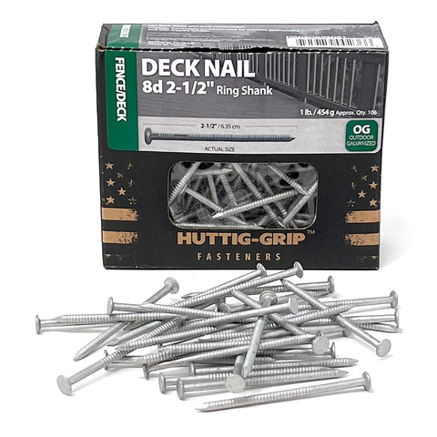 OHIY Huttig-Grip deck nails with diamond point for smooth wood penetration.