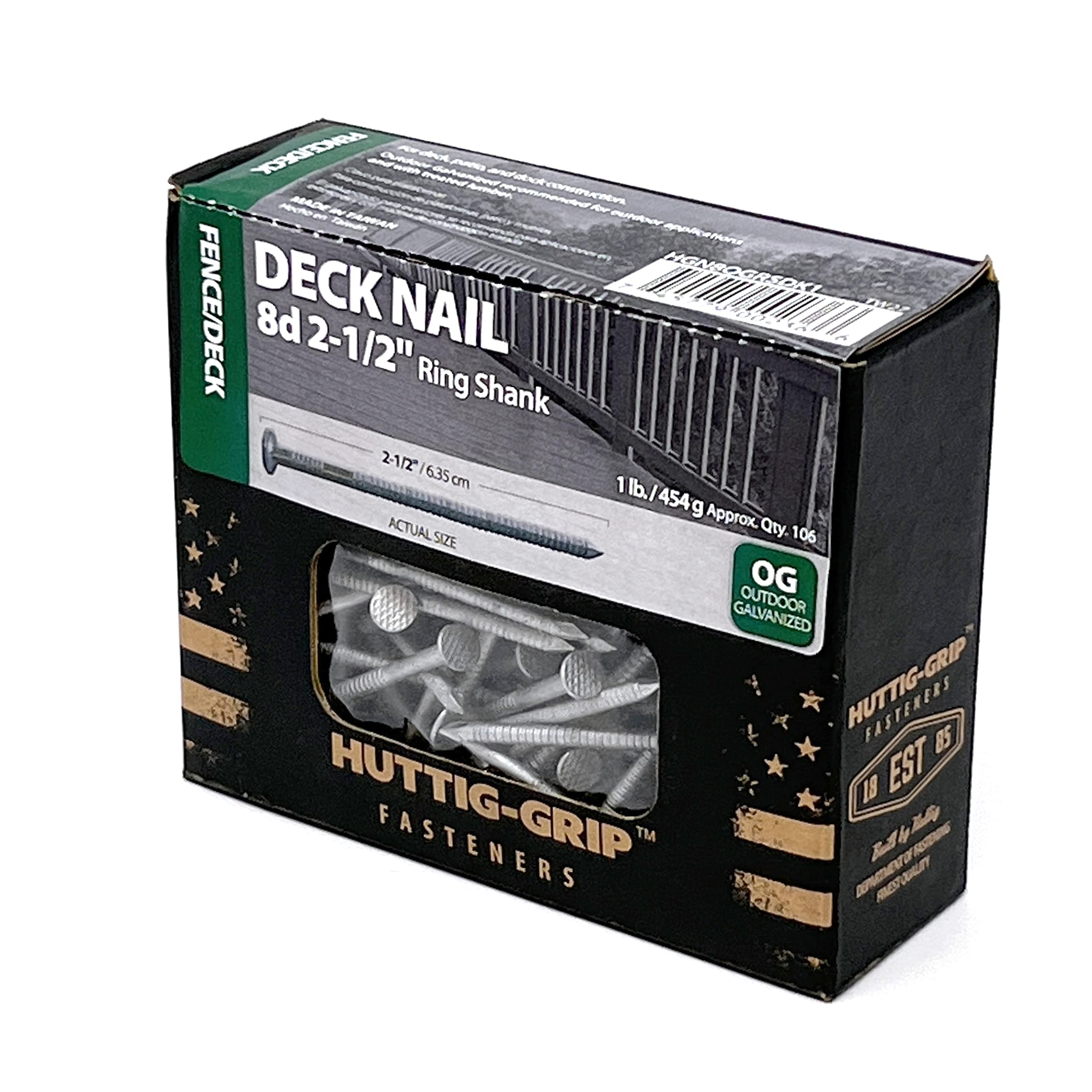 OHIY Huttig-Grip deck nails with outdoor galvanized finish resist corrosion outdoors.