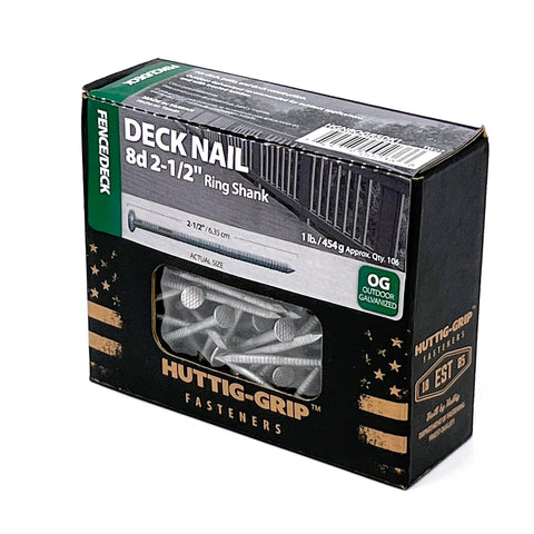 OHIY Huttig-Grip deck nails with outdoor galvanized finish resist corrosion outdoors.