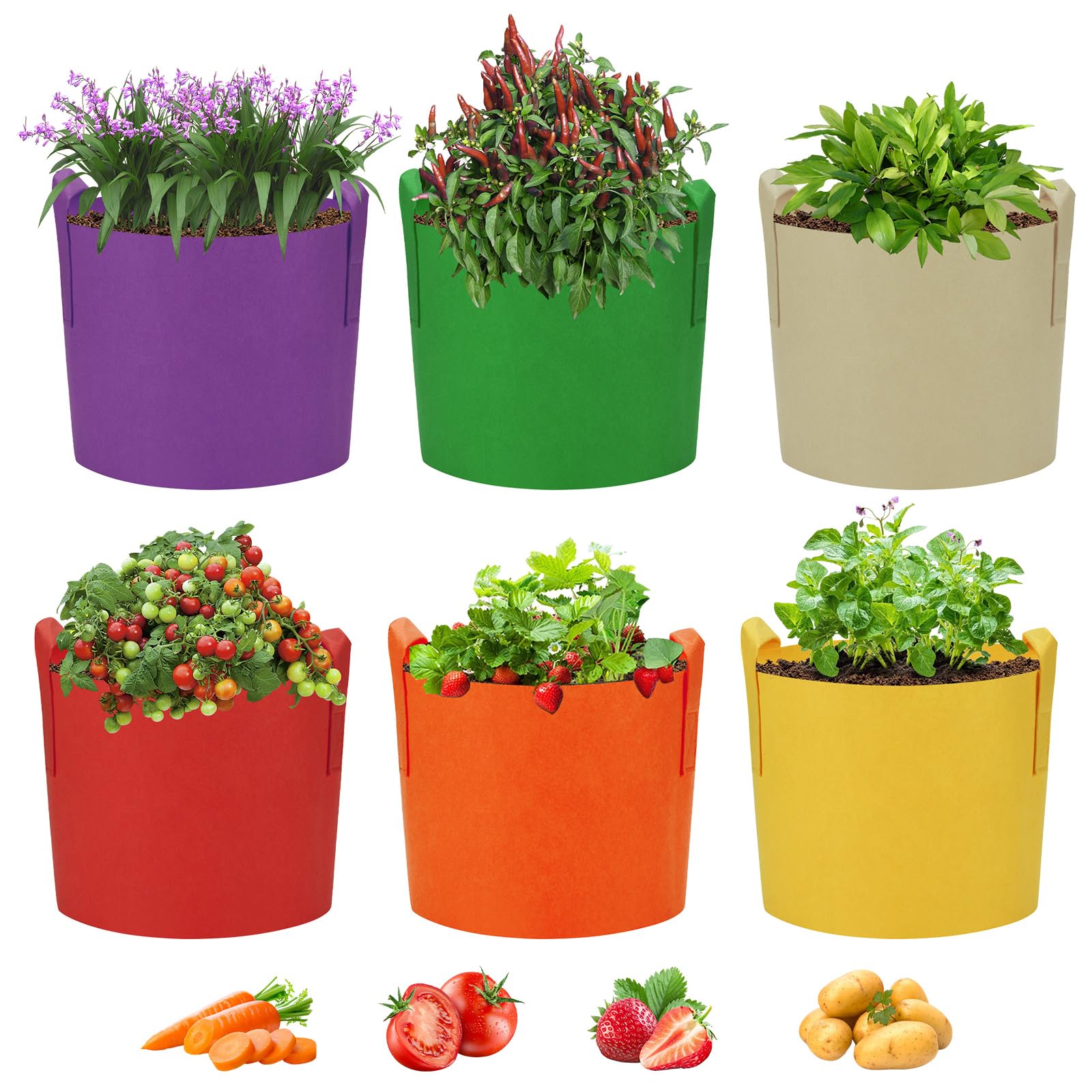 Ohiyoo 6-pack 10-gallon grow bags multicolor with handles for easy transport