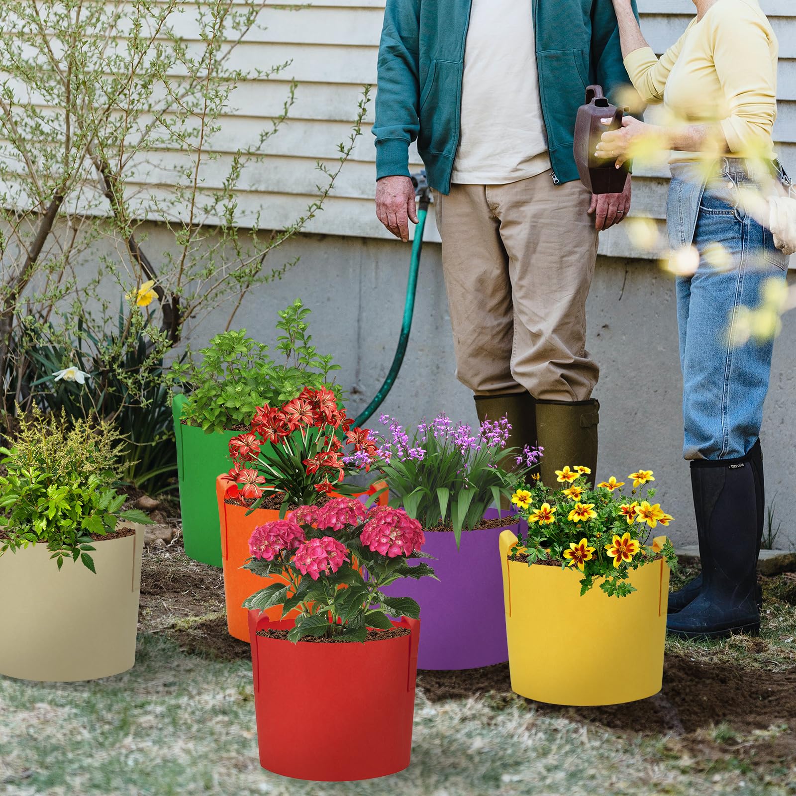 Ohiyoo multicolor garden pots for flowers, fruits, and herbs in a row