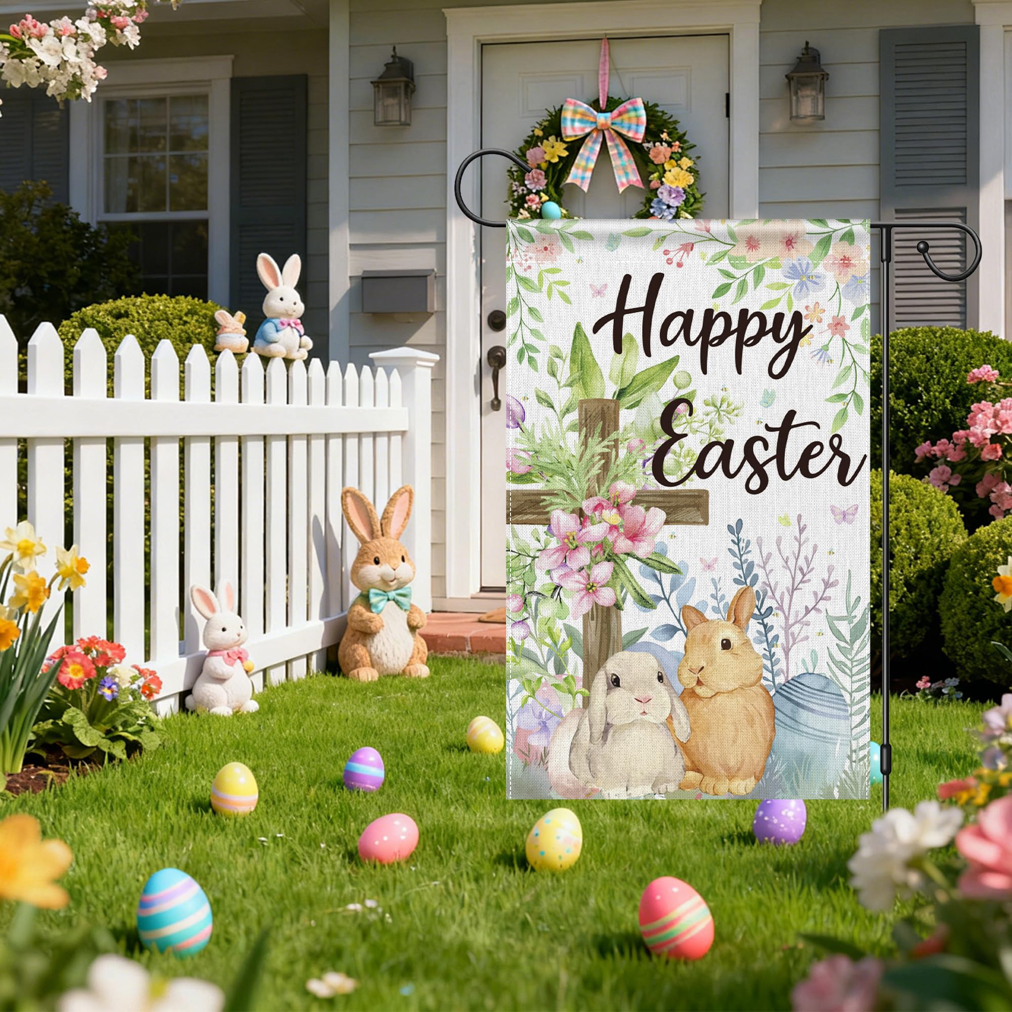 OHOME Easter garden flag draped on gate adds festive curb appeal.