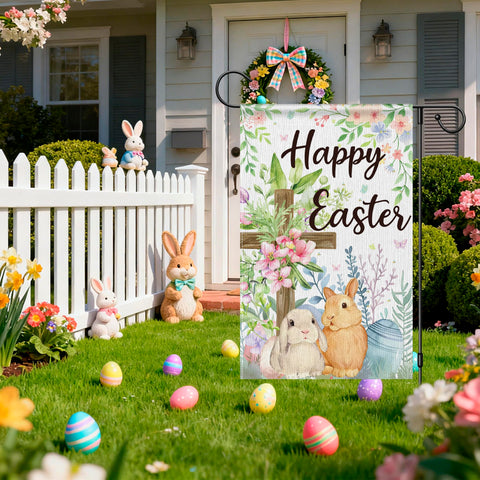 OHOME Easter garden flag draped on gate adds festive curb appeal.
