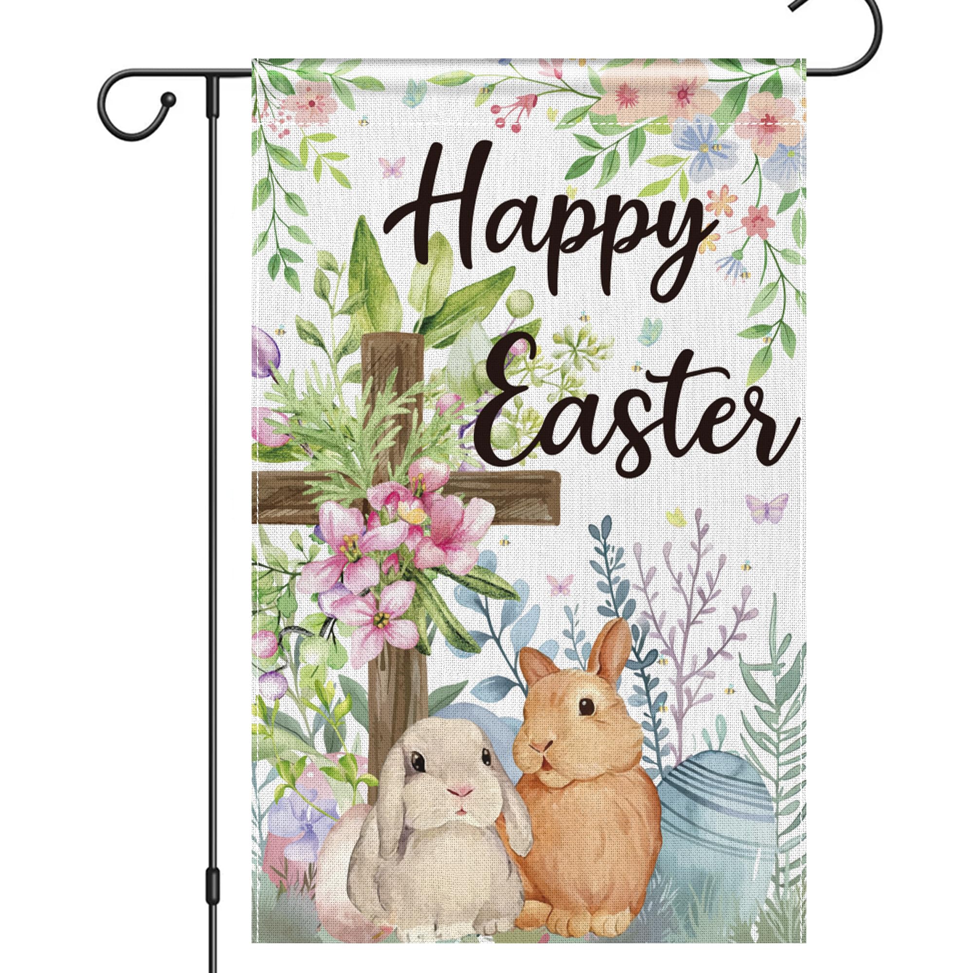 OHOME Easter garden flag front view with vibrant bunny and flowers for outdoor cheer.