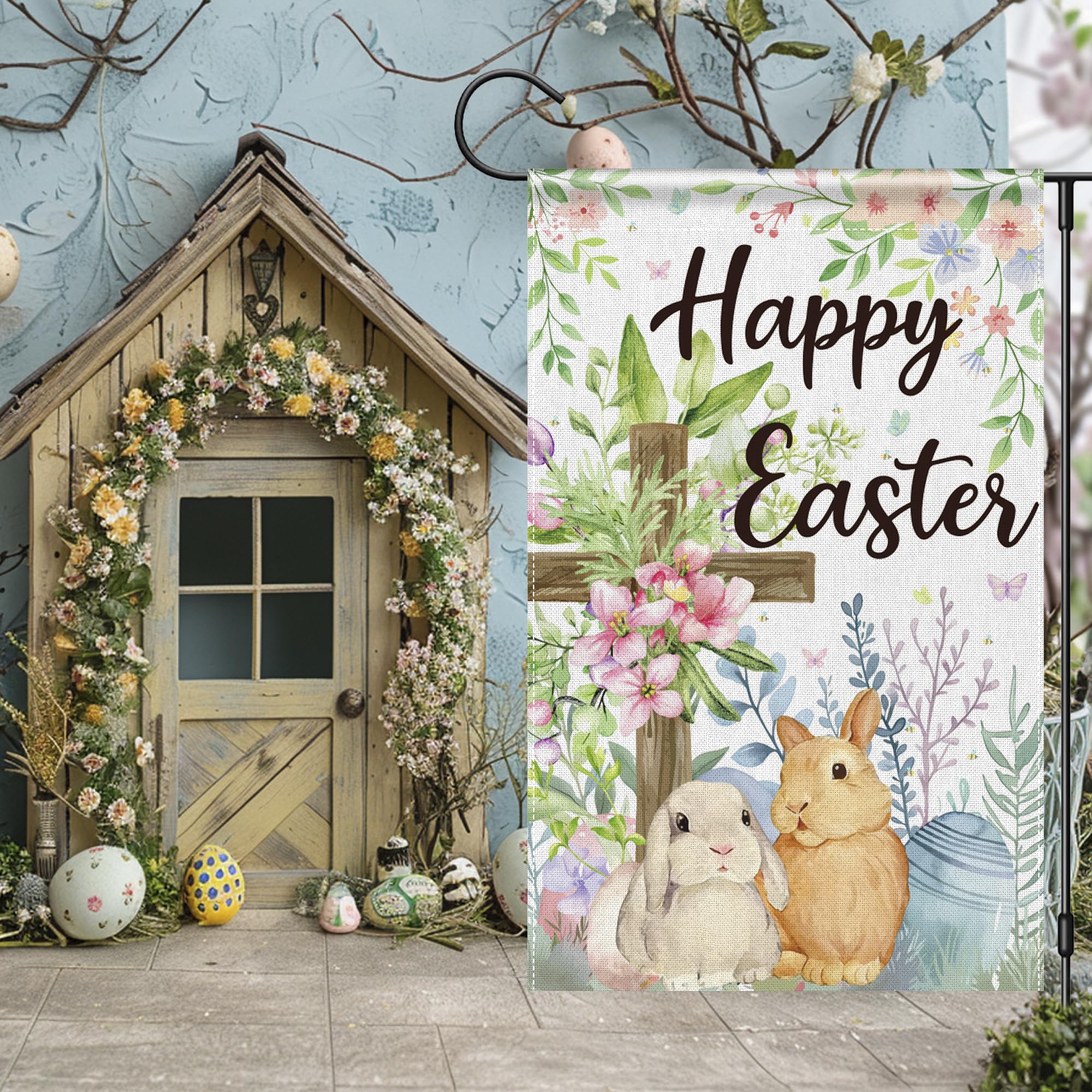 OHOME Easter garden flag in garden setup brightens yard and balcony.