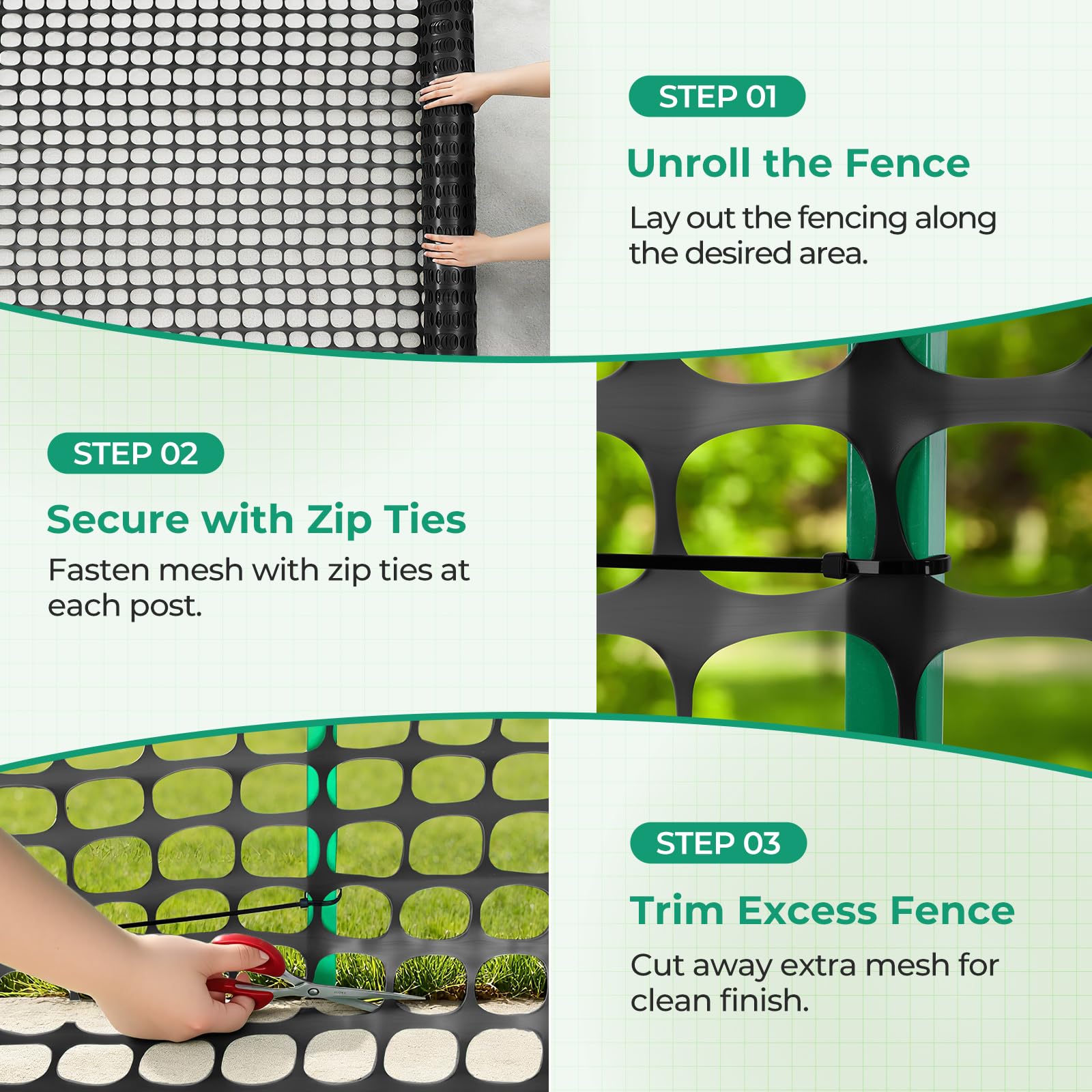 Ohuhu fence with cable ties demonstrating quick, tool-free setup.
