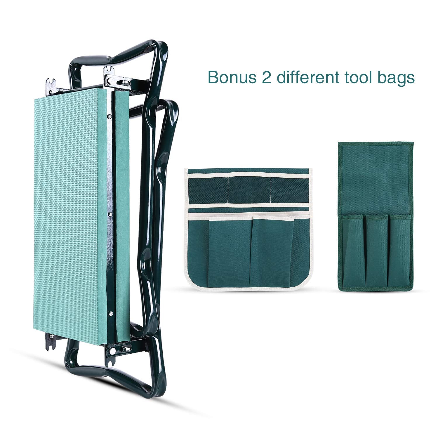 Two tool pouches keep clippers and trowels within easy reach.