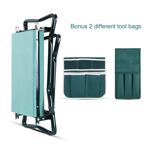 Two tool pouches keep clippers and trowels within easy reach.
