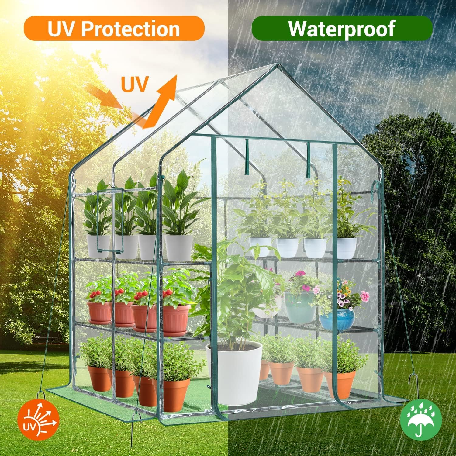 Ohuhu greenhouse showing 12 shelves for ample plant organization.