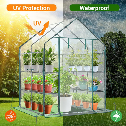 Ohuhu greenhouse showing 12 shelves for ample plant organization.