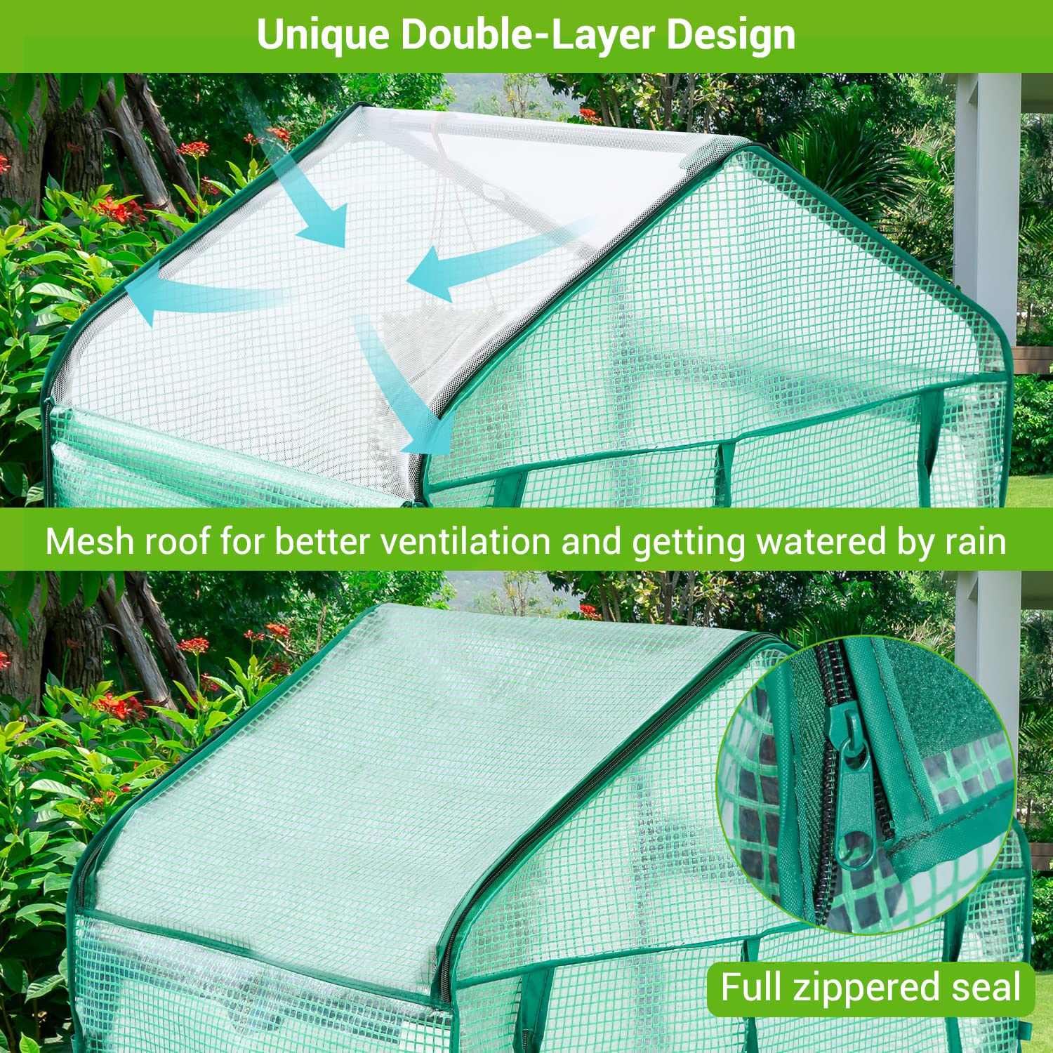 Ohuhu greenhouse double-layer roof enhances airflow and rain irrigation.
