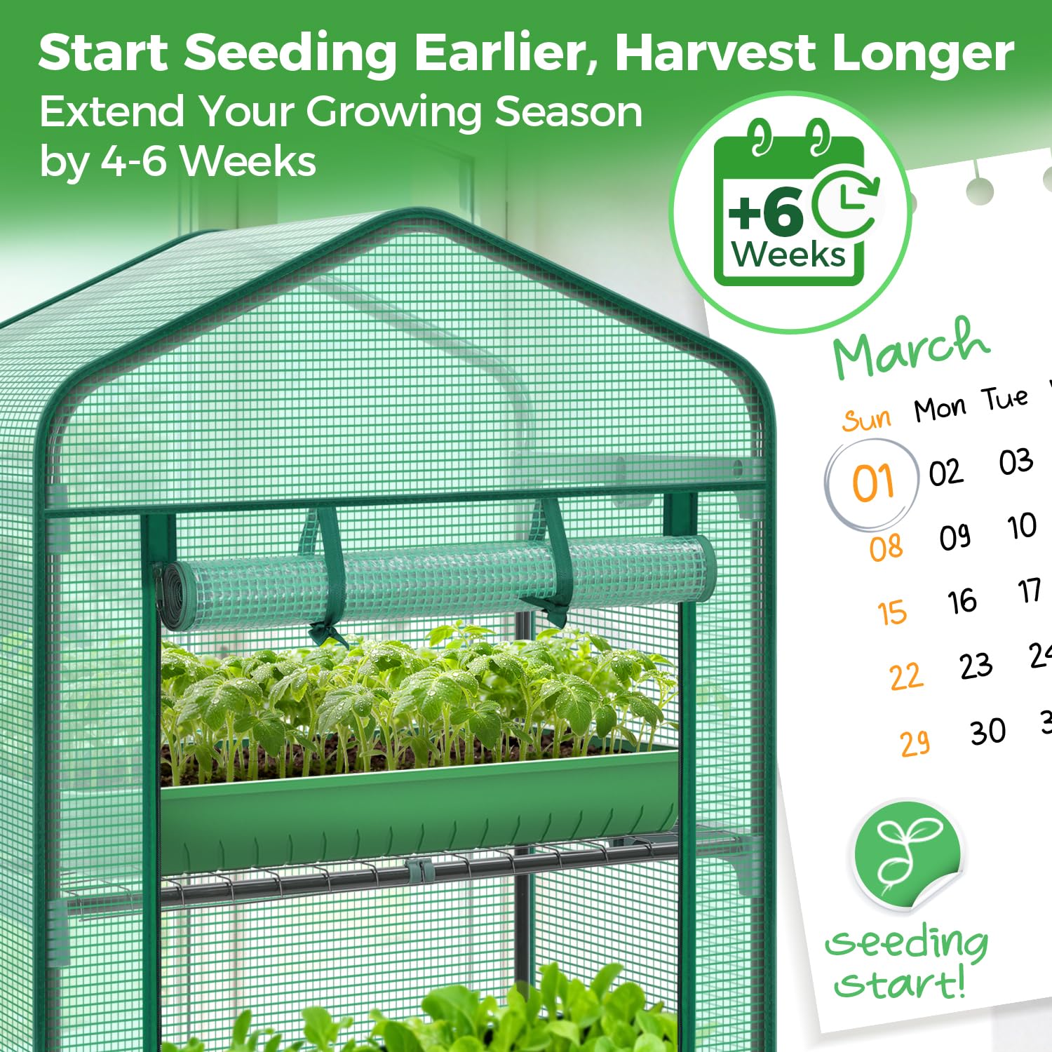 Ohuhu greenhouse with durable PE cover enhances seedling warmth and light transmission.