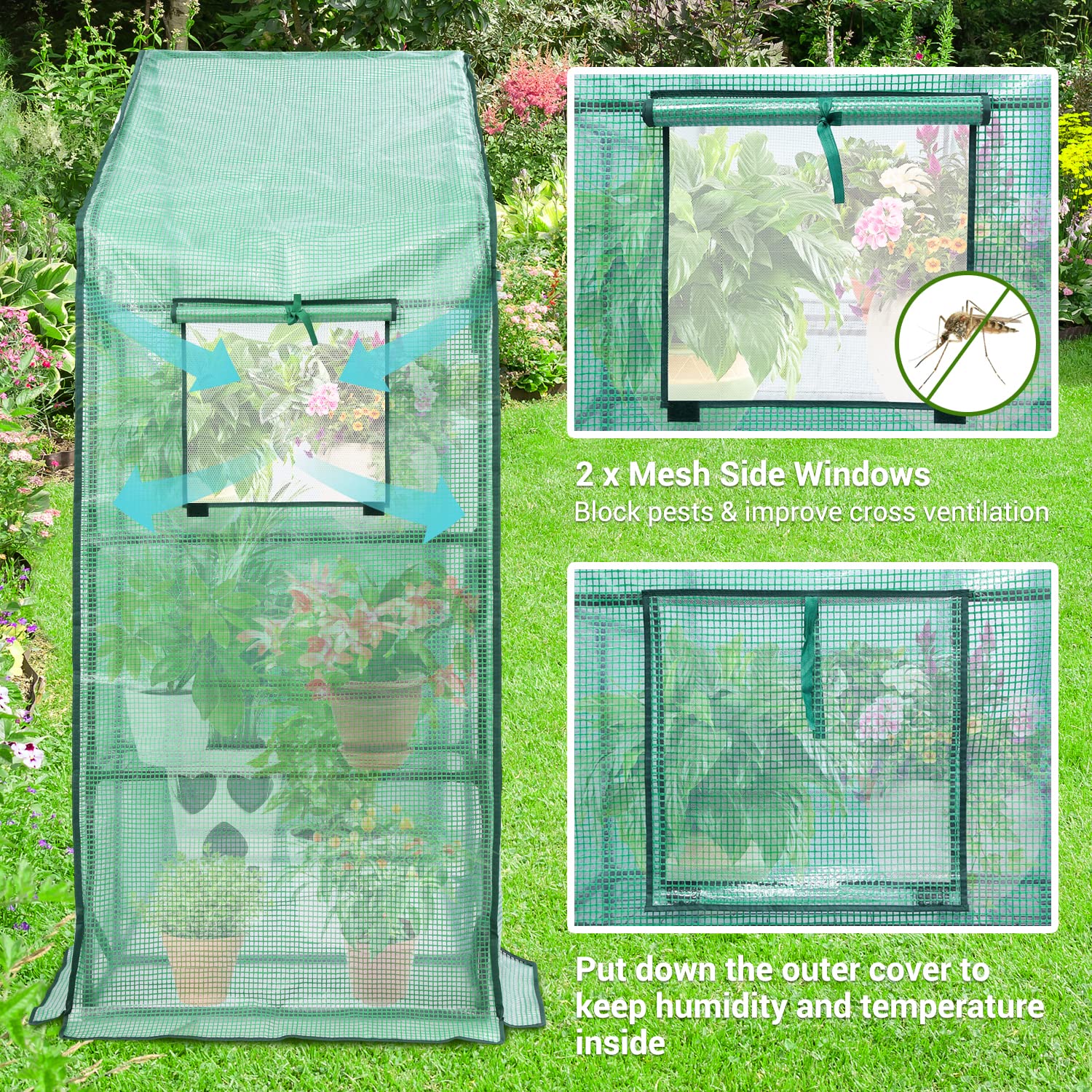 Ohuhu walk-in greenhouse with roll-up zipper door for easy access.