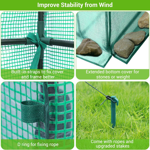 Ohuhu greenhouse zippered door and screened windows regulate airflow.