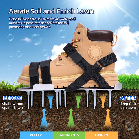 Ohuhu lawn aerator shoes side-strap closeup highlighting adjustable fit.