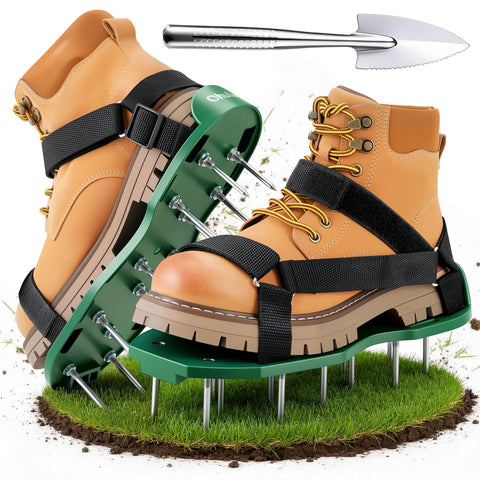 Ohuhu lawn aerator shoes with Velcro closure for quick, secure fit during lawn care.