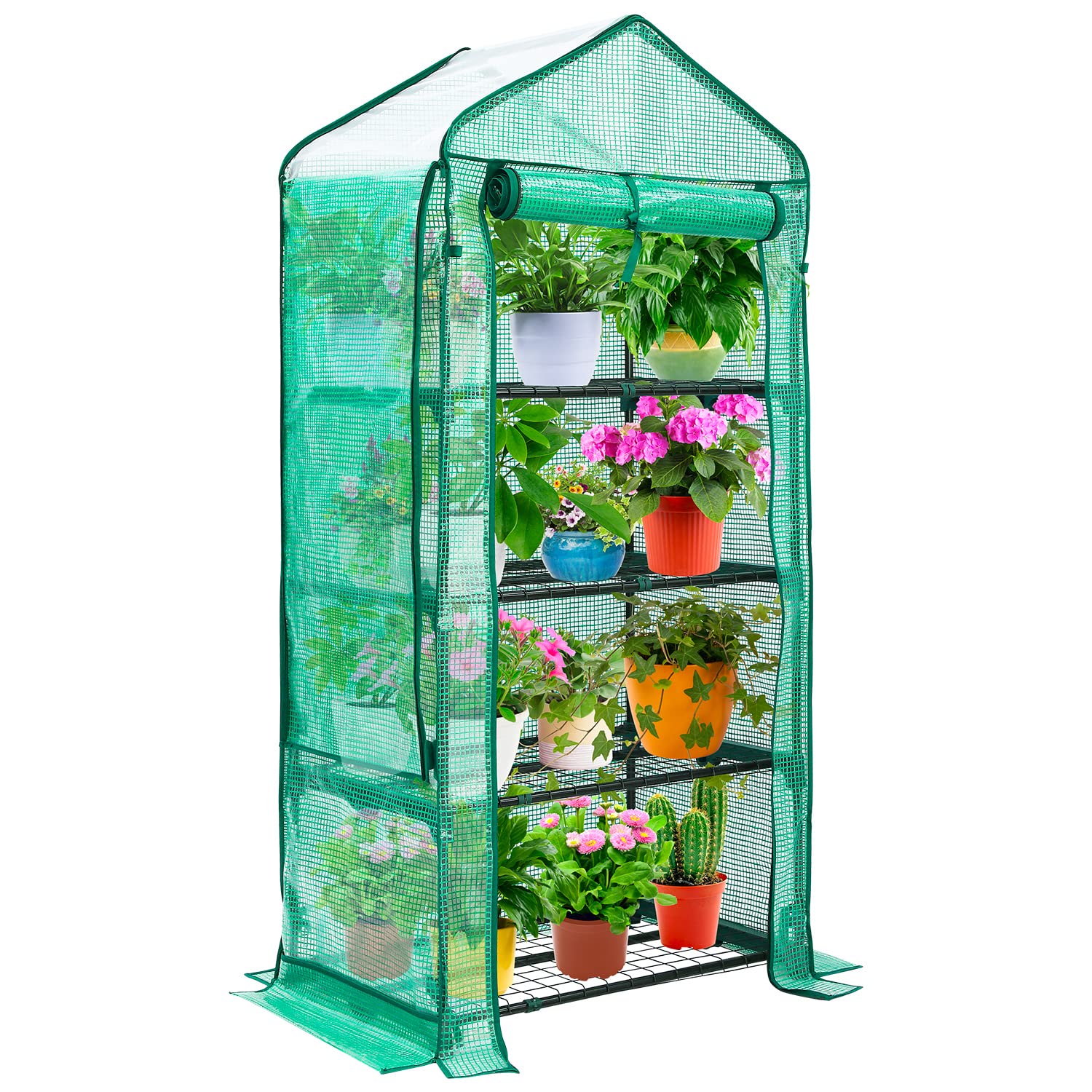 Ohuhu mini greenhouse with four-tier shelves for seedlings and flowers.