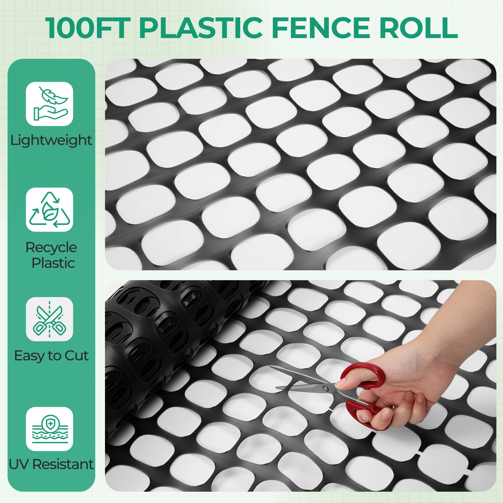Close-up of Ohuhu plastic mesh fence showing sturdy construction.