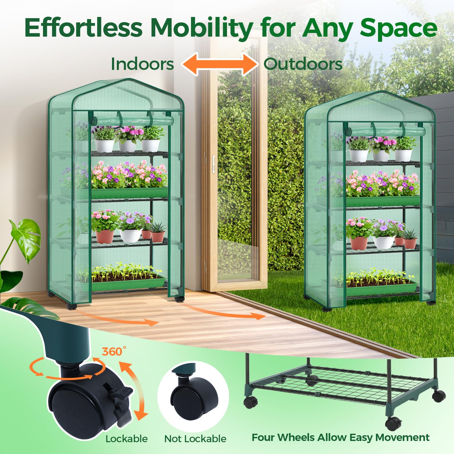 Ohuhu portable greenhouse rack with sturdy shelves to secure seed trays.