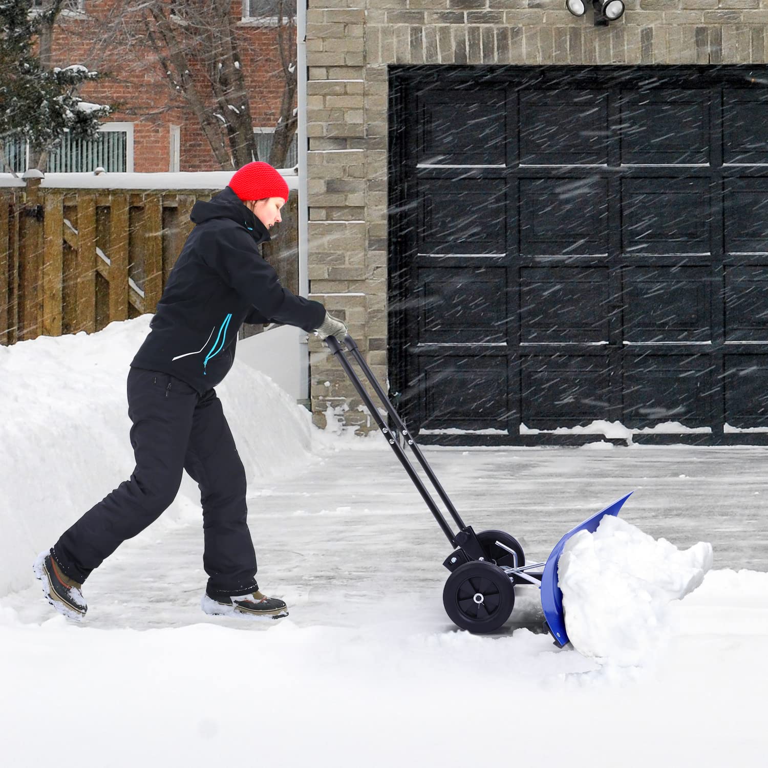 Ohuhu snow shovel with wheeled design reduces back strain during clearing.