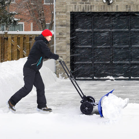 Ohuhu snow shovel with wheeled design reduces back strain during clearing.