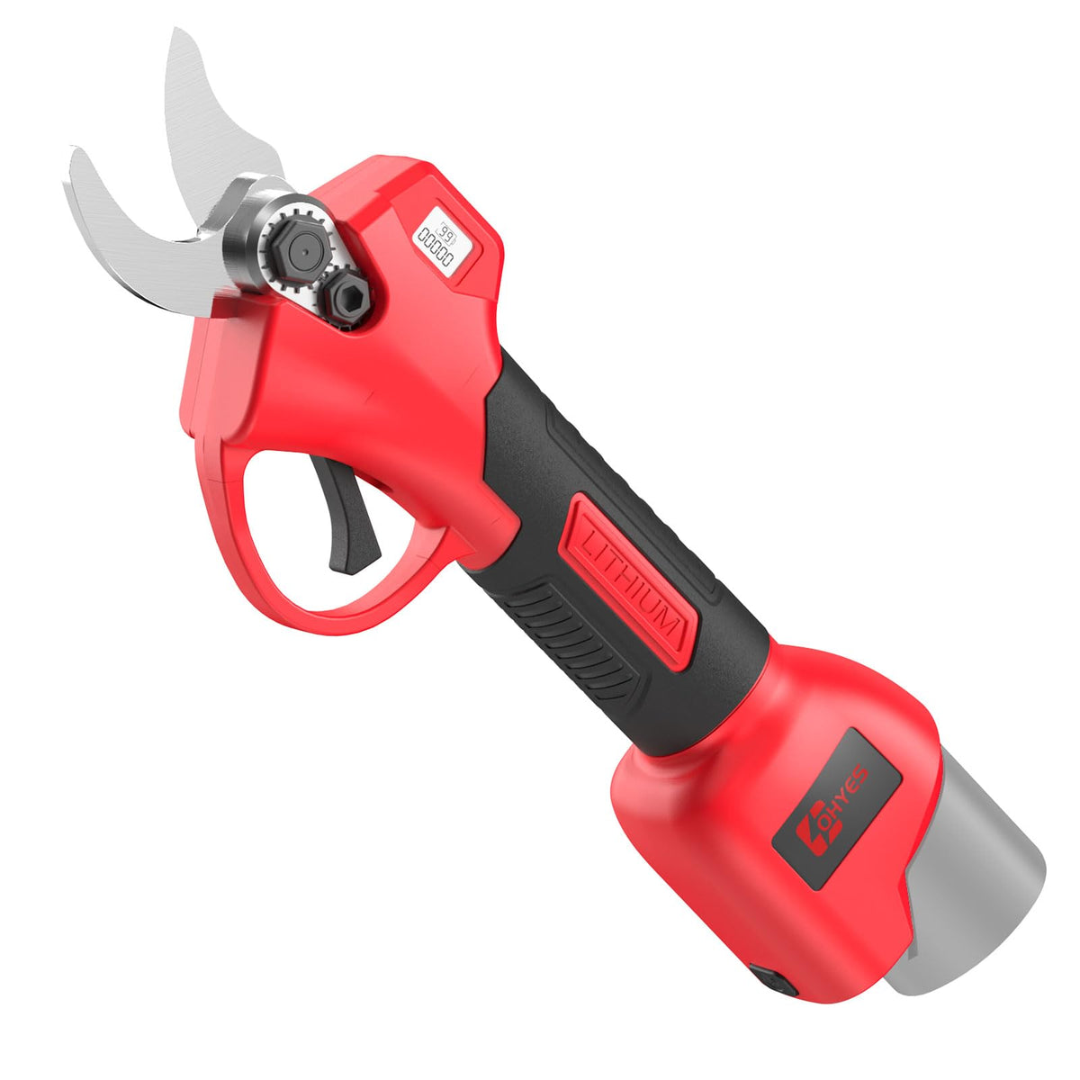 ohyes pruning shears with LCD display showing pruning mode and frequency