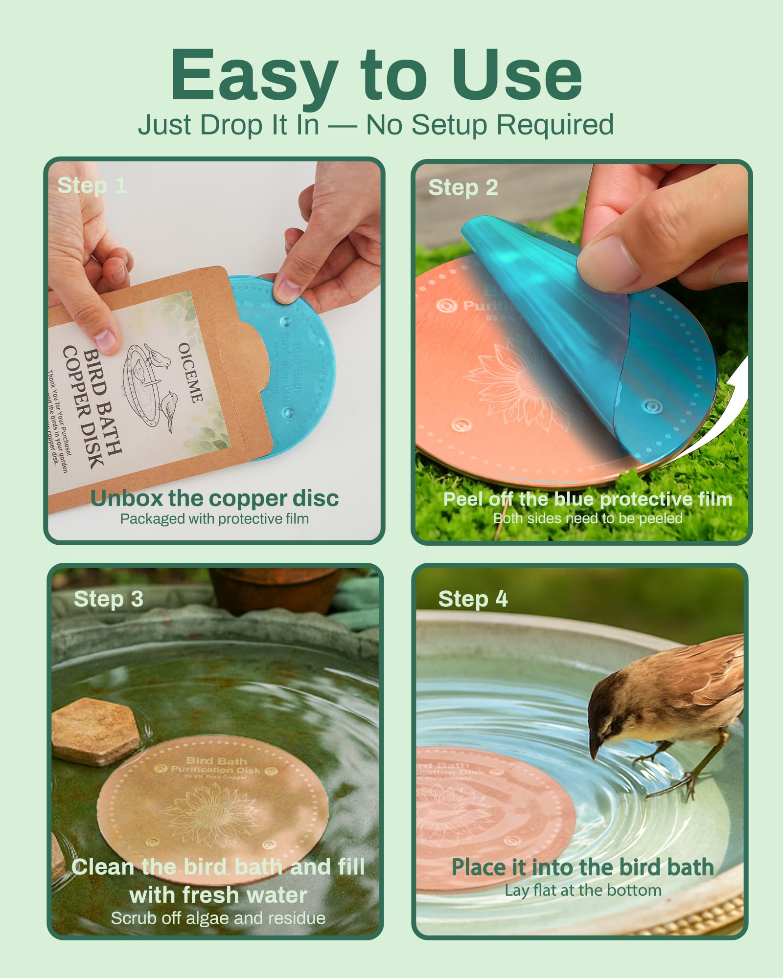 OICEME easy-maintenance disc shown for simple placement in birdbath.