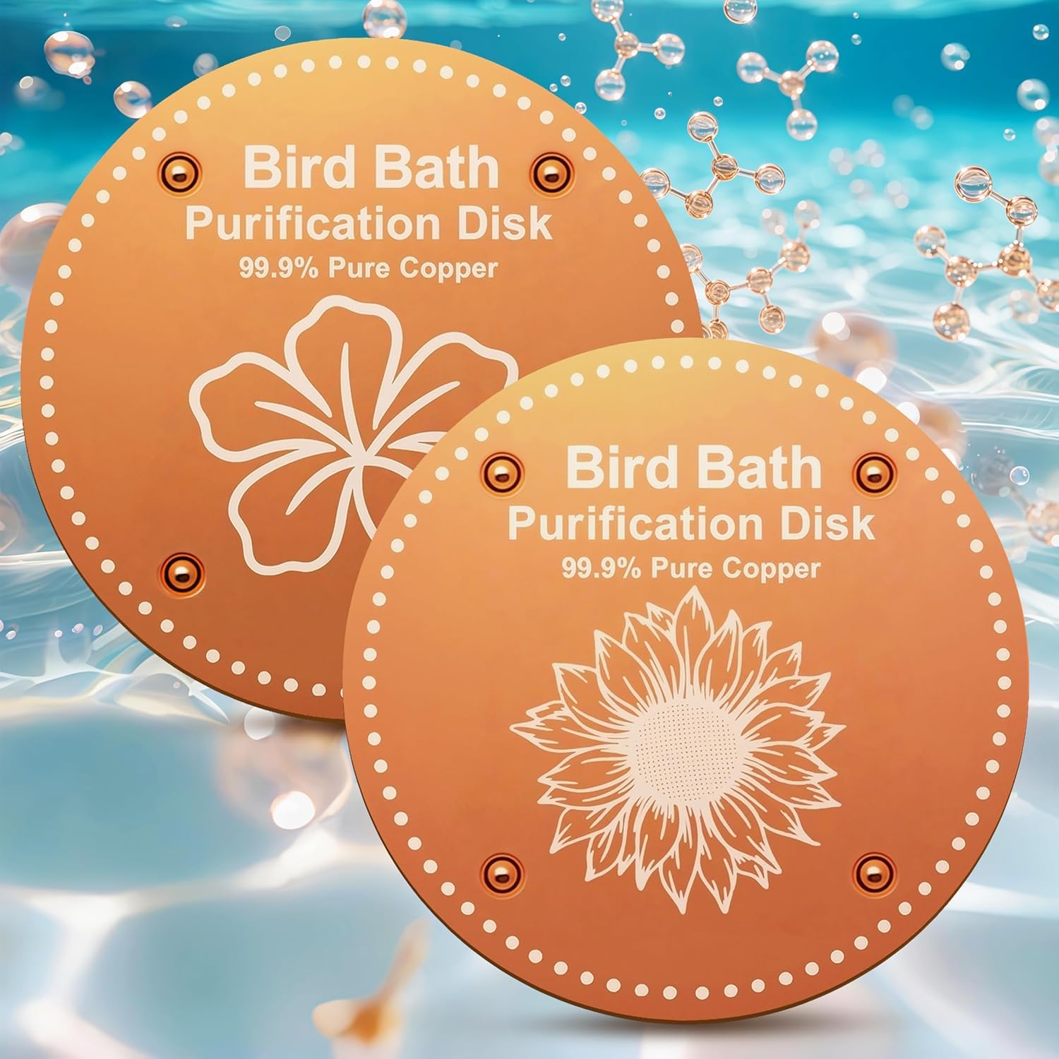 OICEME purification disk closeup in pure copper enhances water clarity for birds.