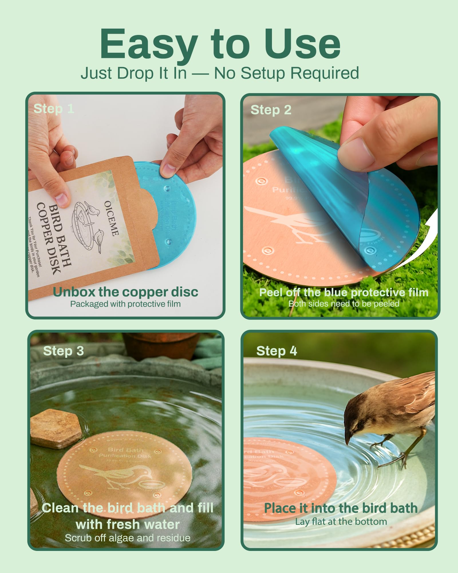 OICEME bird bath disk used with railing mounts for convenient placement.
