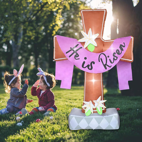 OILCUP He is Risen cross inflatables with blossy lilies creates a vibrant outdoor focal point