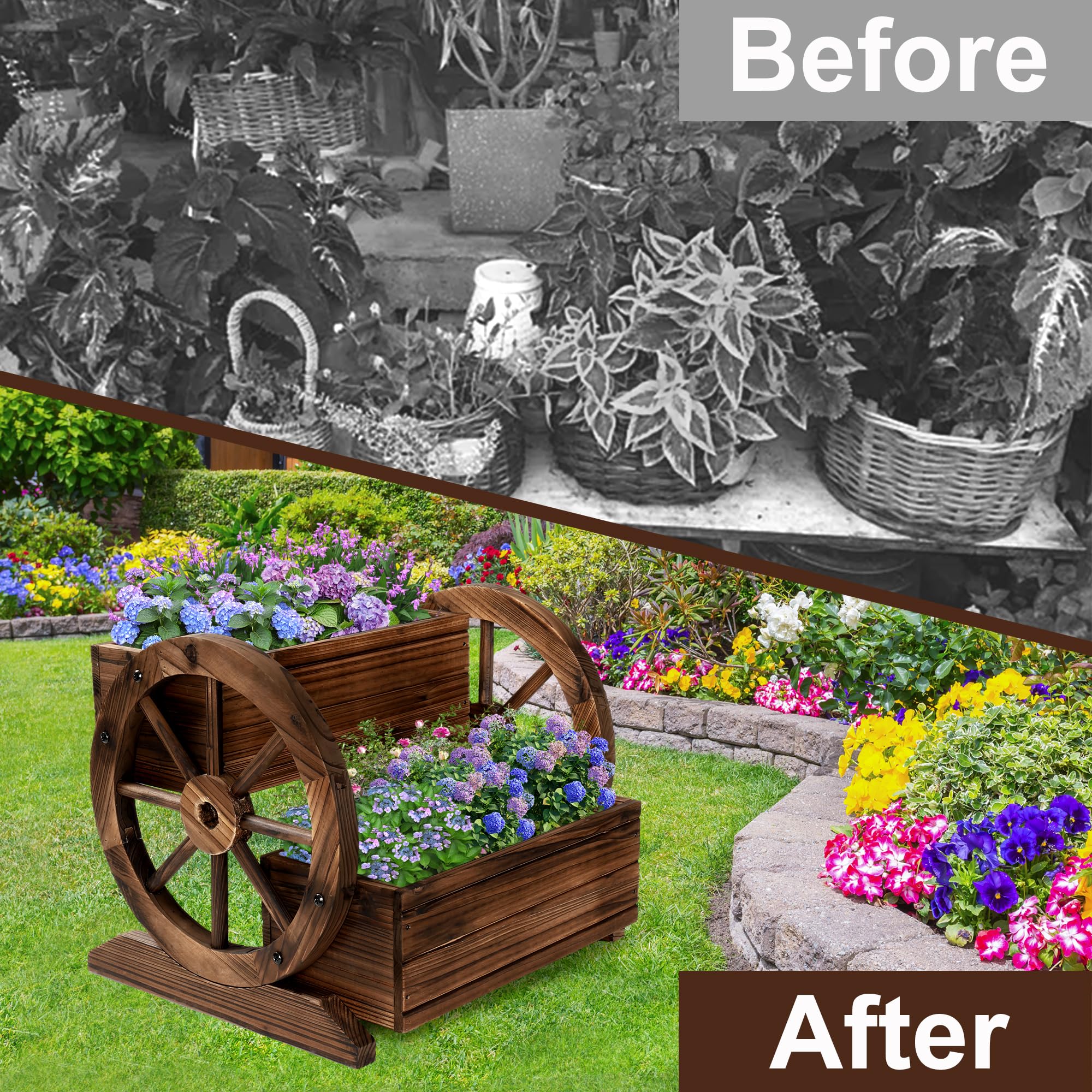 OIPRTGFJ Wooden Wagon Planter Box corner view with rounded edges for safety