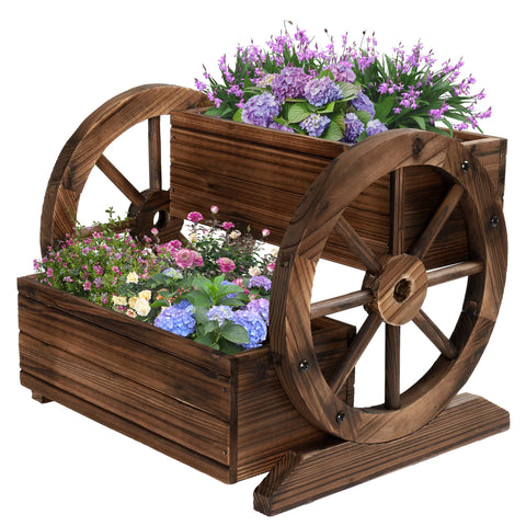 OIPRTGFJ Wooden Wagon Planter Box front view with wheels for outdoor decor