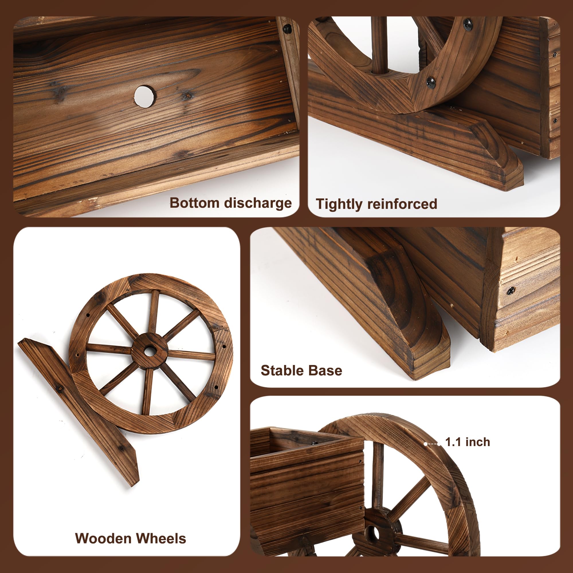 OIPRTGFJ Wooden Wagon Planter Box side view showing wheel mechanism for portability