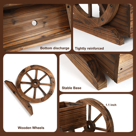 OIPRTGFJ Wooden Wagon Planter Box side view showing wheel mechanism for portability