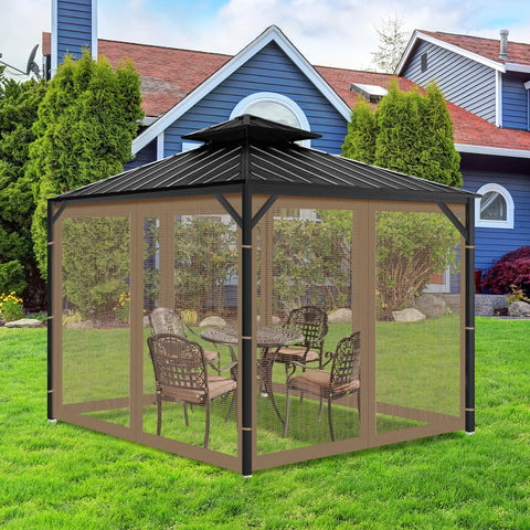 OIPUNSHLE four-panel brown netting installed around gazebo frame for full coverage