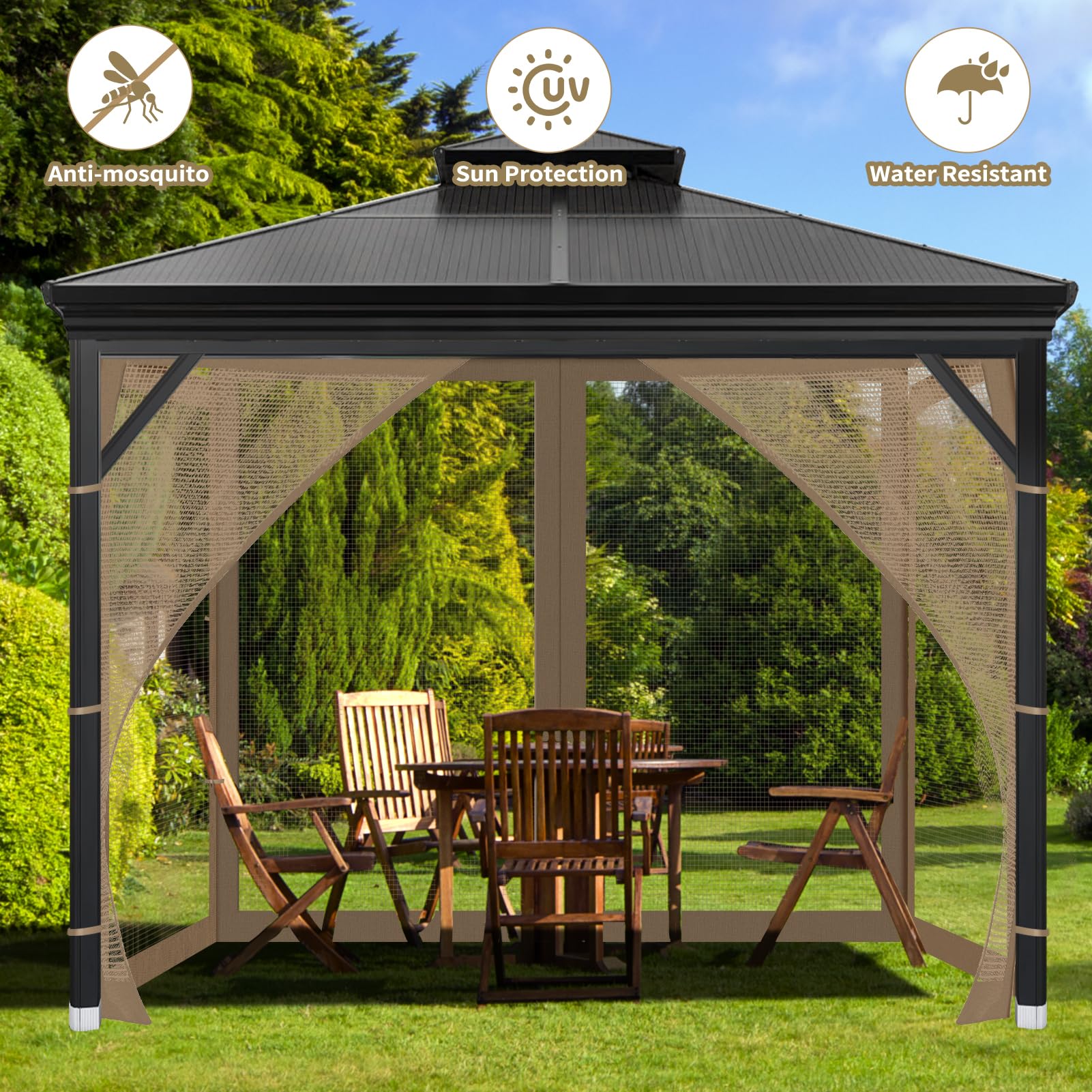 OIPUNSHLE brown gazebo netting maintains airflow while deterring insects.