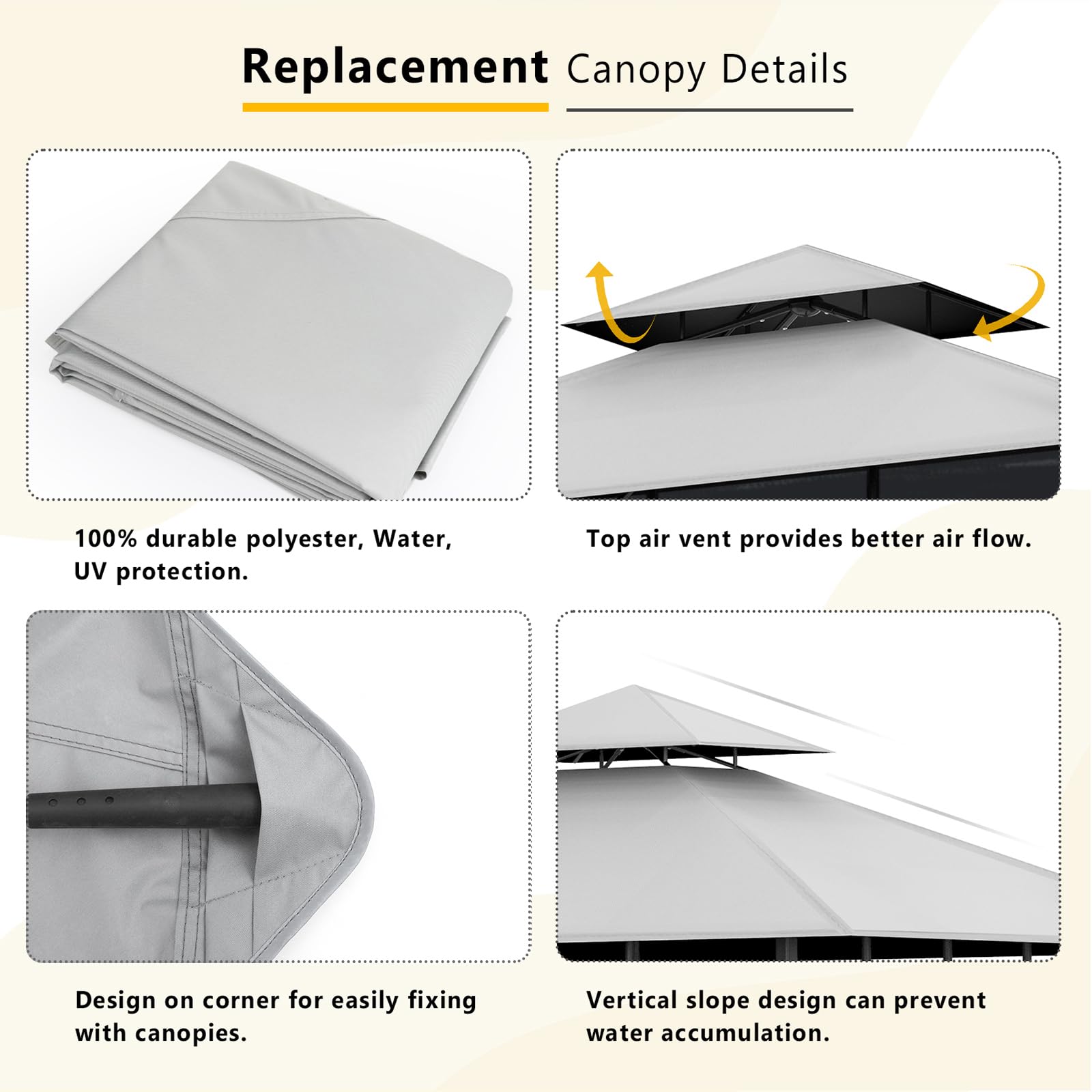 OIPUNSHLE canopy corner pockets close fit detail for secure gazebo assembly.