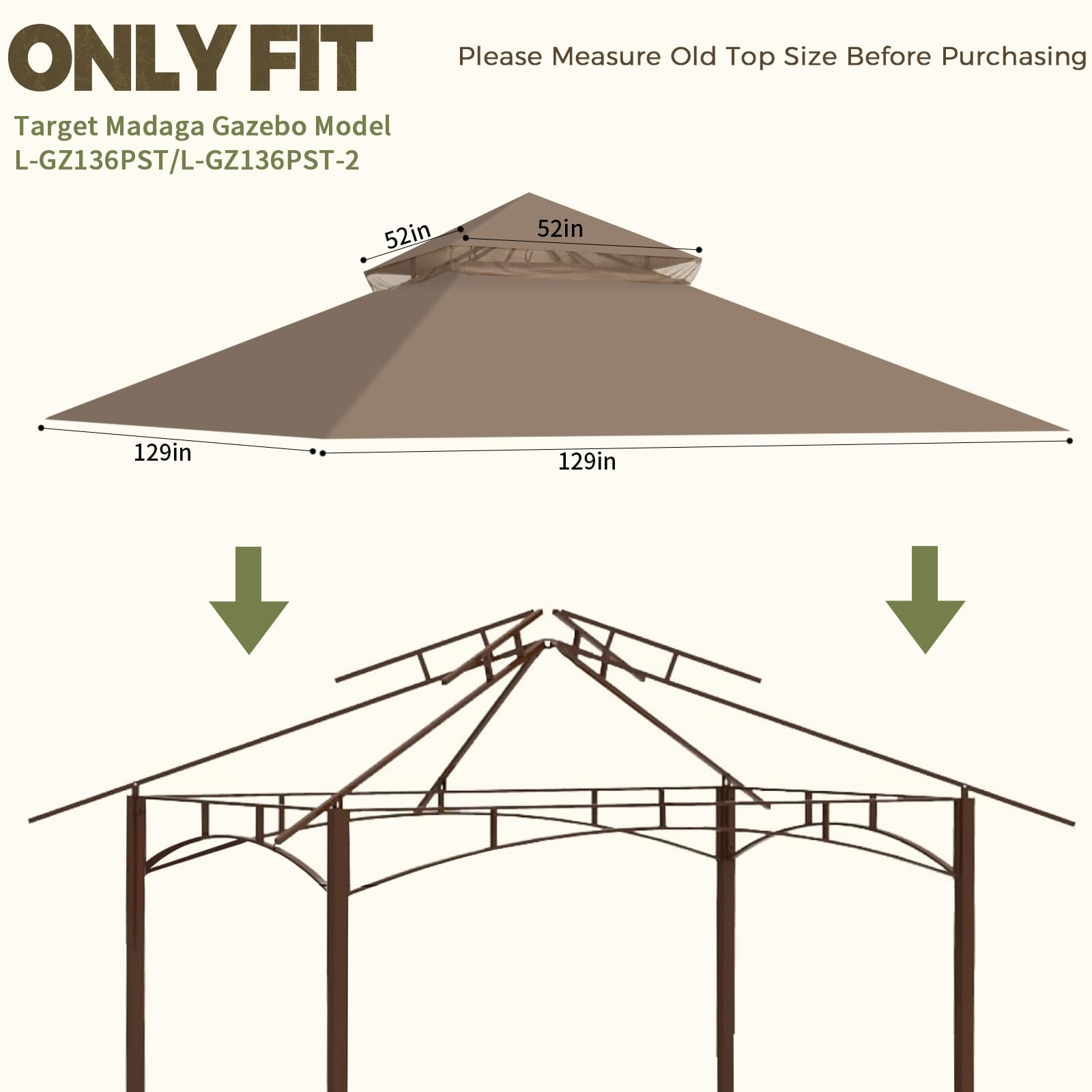 OIPUNSHLE khaki replacement canopy top for Target Madaga L-GZ136PST large 129x129 shade
