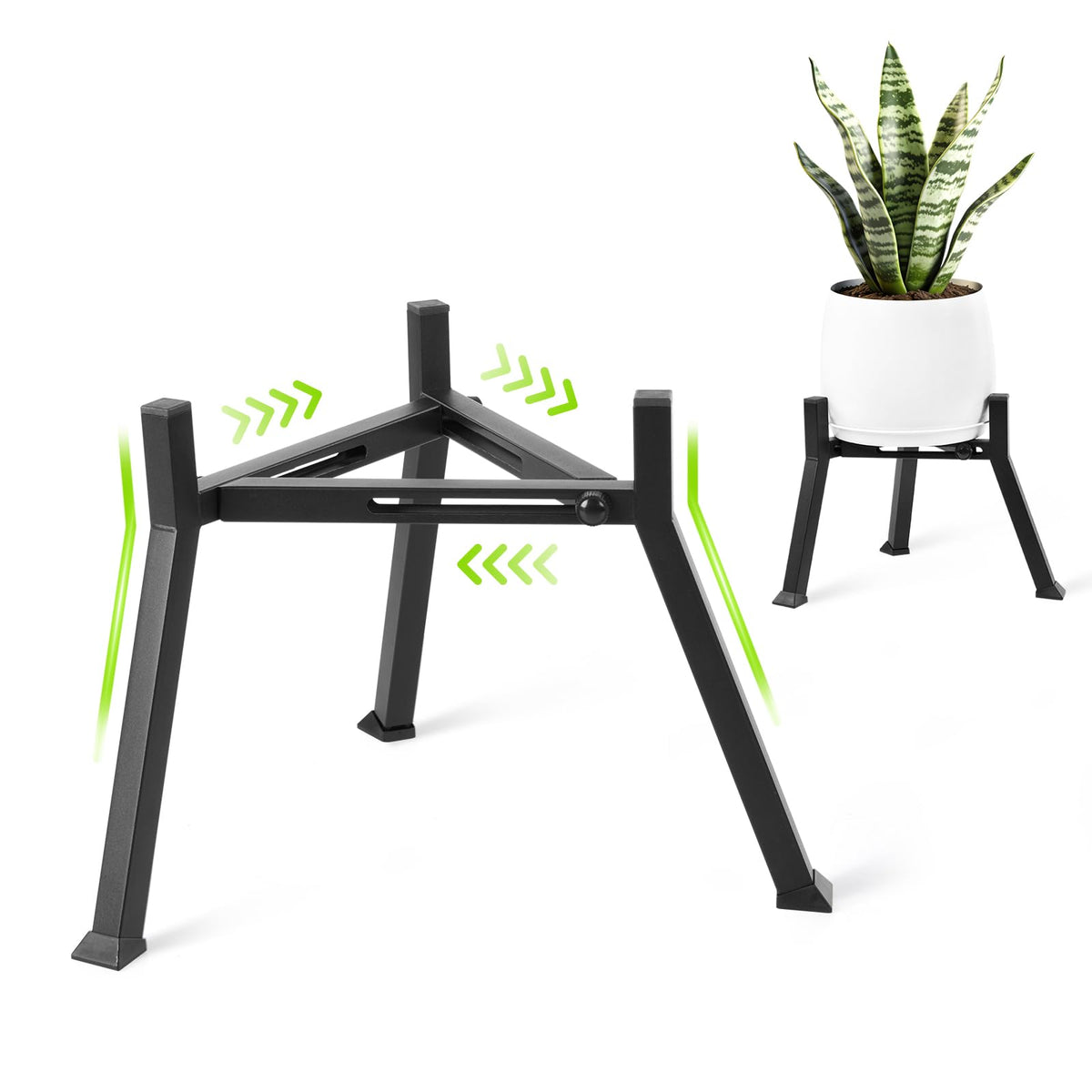 Oiyeefo metal plant stand with adjustable width fits 5.9–8.7 inch pots securely.