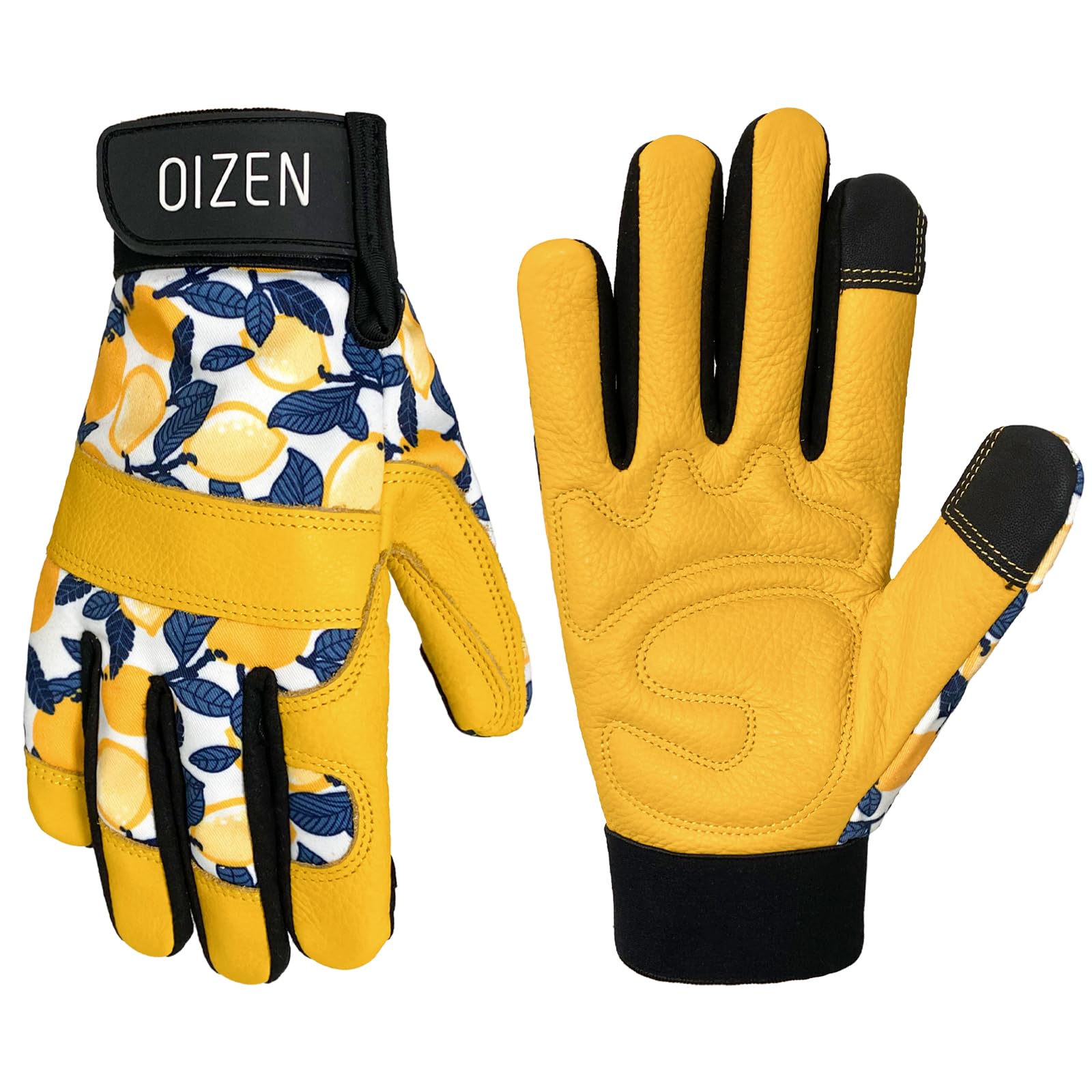 OIZEN cowhide gloves front view showing sturdy gardening protection