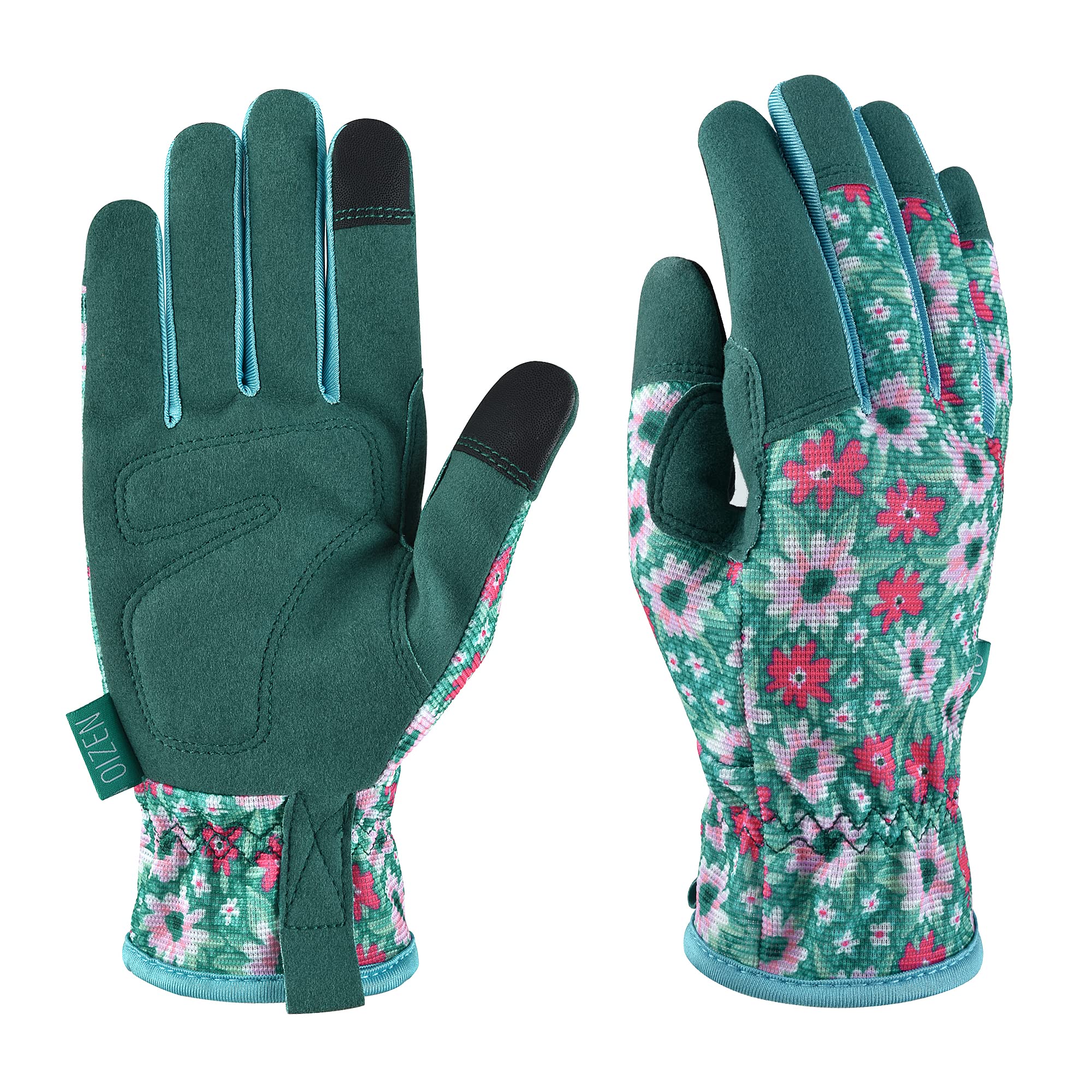 OIZEN gardening gloves with bright flora pattern for comfortable garden work.